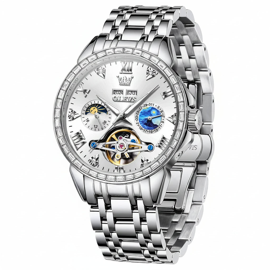 OLEVS 6712 Skeleton Flywheel Calendar Moon Phase Diamond Bezel Watch - OLEVS