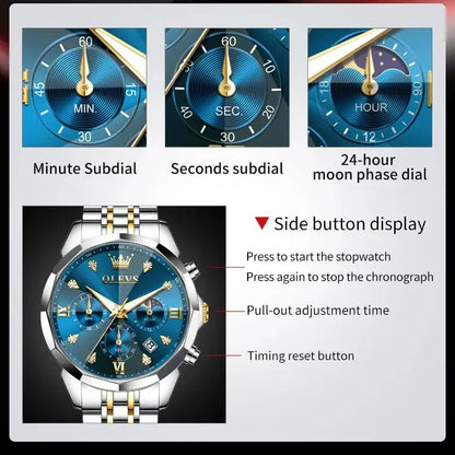 OLEVS 3670 Moon Phase Chronograph Luxury Rhombus Mirror Quartz Watch - OLEVS