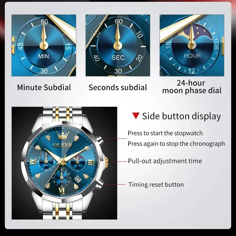 OLEVS 3670 Moon Phase Chronograph Luxury Rhombus Mirror Quartz Watch - OLEVS