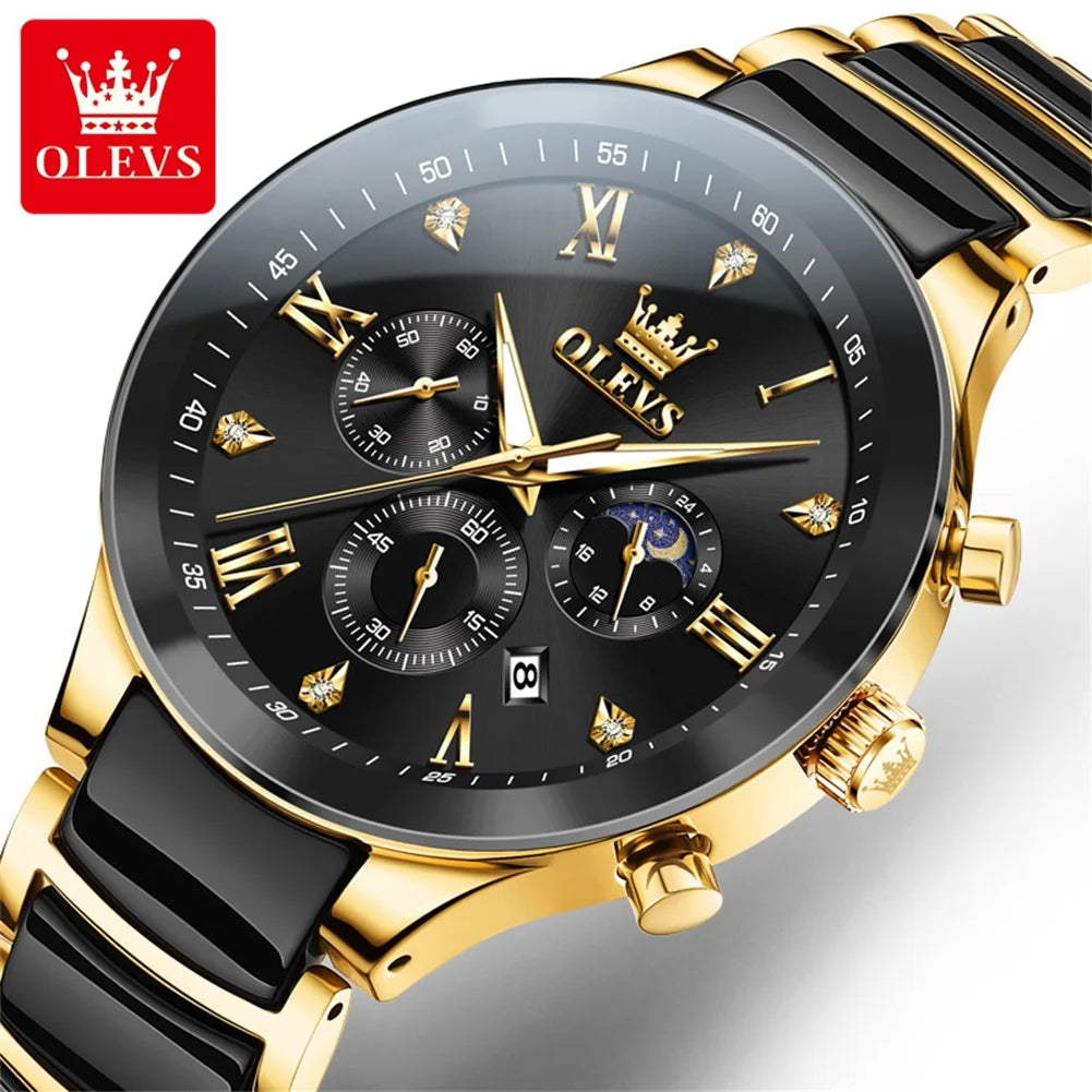 OLEVS 7004 Luminous Ceramic, Steel Strips Moon Phase Quartz Watch - OLEVS