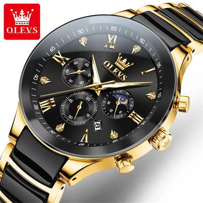 OLEVS 7004 Luminous Ceramic, Steel Strips Moon Phase Quartz Watch - OLEVS