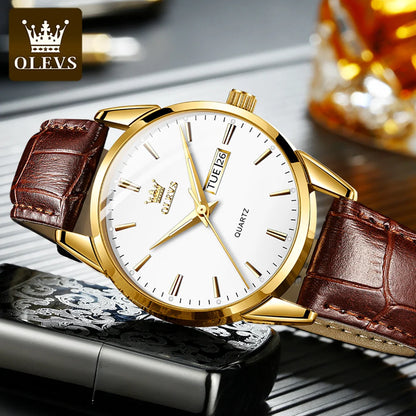 OLEVS 6898 Quartz Genuine Leather Strap Watch - OLEVS