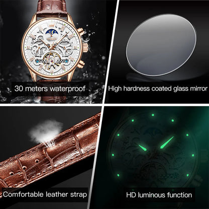 OLEVS 6658 Mens Watch Business Leather Strap Reloj  Hollow out Mechanical Automatic Wristwatch Waterproof Luminous Watch For Man OLEVS Official Watch Store
