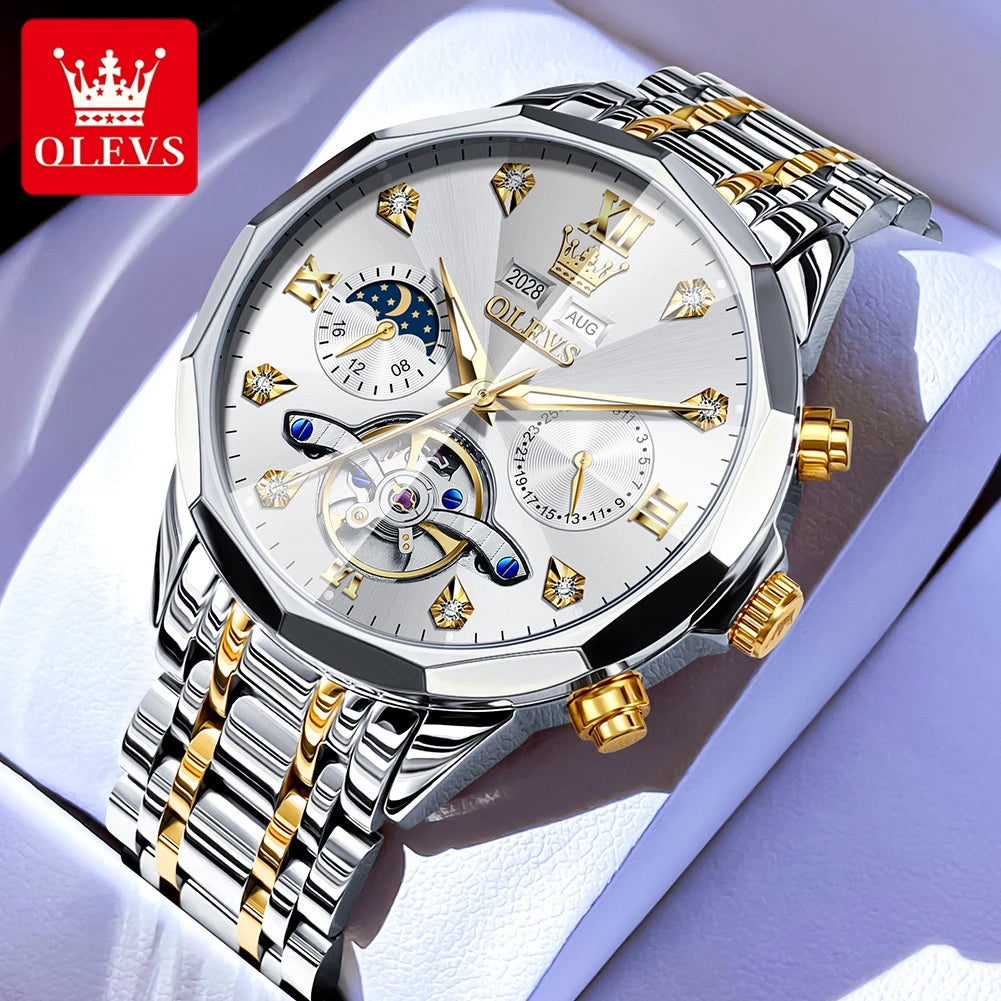 OLEVS 6621 Diamond Mirror Automatic Skeleton Moon Phase Wristwatch - OLEVS