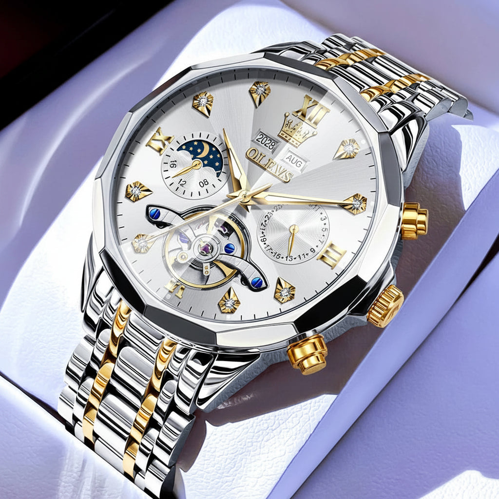 OLEVS 6621 Diamond Mirror Automatic Skeleton Moon Phase Wristwatch - OLEVS