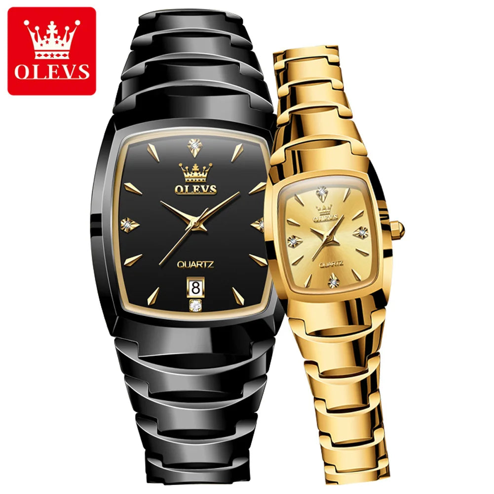 OLEVS 7006 Tonneau Tungsten Steel Couple Watch for Men Women Luxury Brand Quartz Lover's Watch His or Hers Waterproof Wristwatch OLEVS Official Watch Store