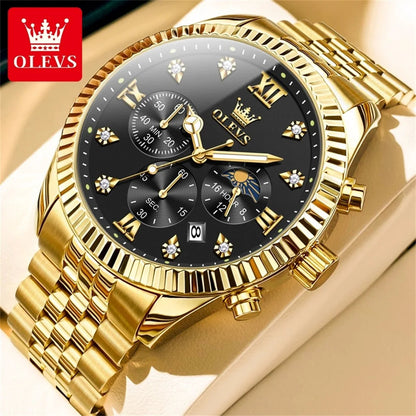 OLEVS 2932 Luxury Gold Watch Multifunctional Lunar Phase Dial Single Calendar Window Hourly Timing Quartz Movement Classic Luminous Function 30M Waterproof Watch For Men OLEVS Official Watch Store