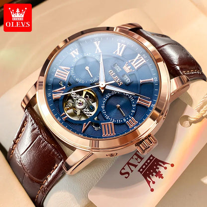 OLEVS 6668 Chronograph Moon Phase Calendar Leather Strap Quartz Watch - OLEVS