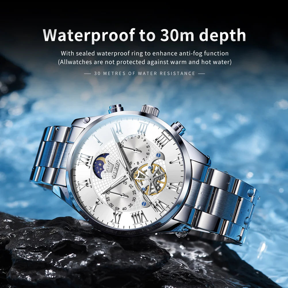 OLEVS 3640 Moon Phase Roman Scale Chronograph Stainless Steel Quartz Watch - OLEVS