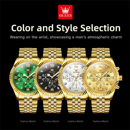 OLEVS 2932 Luxury Gold Watch Multifunctional Lunar Phase Dial Single Calendar Window Hourly Timing Quartz Movement Classic Luminous Function 30M Waterproof Watch For Men OLEVS Official Watch Store