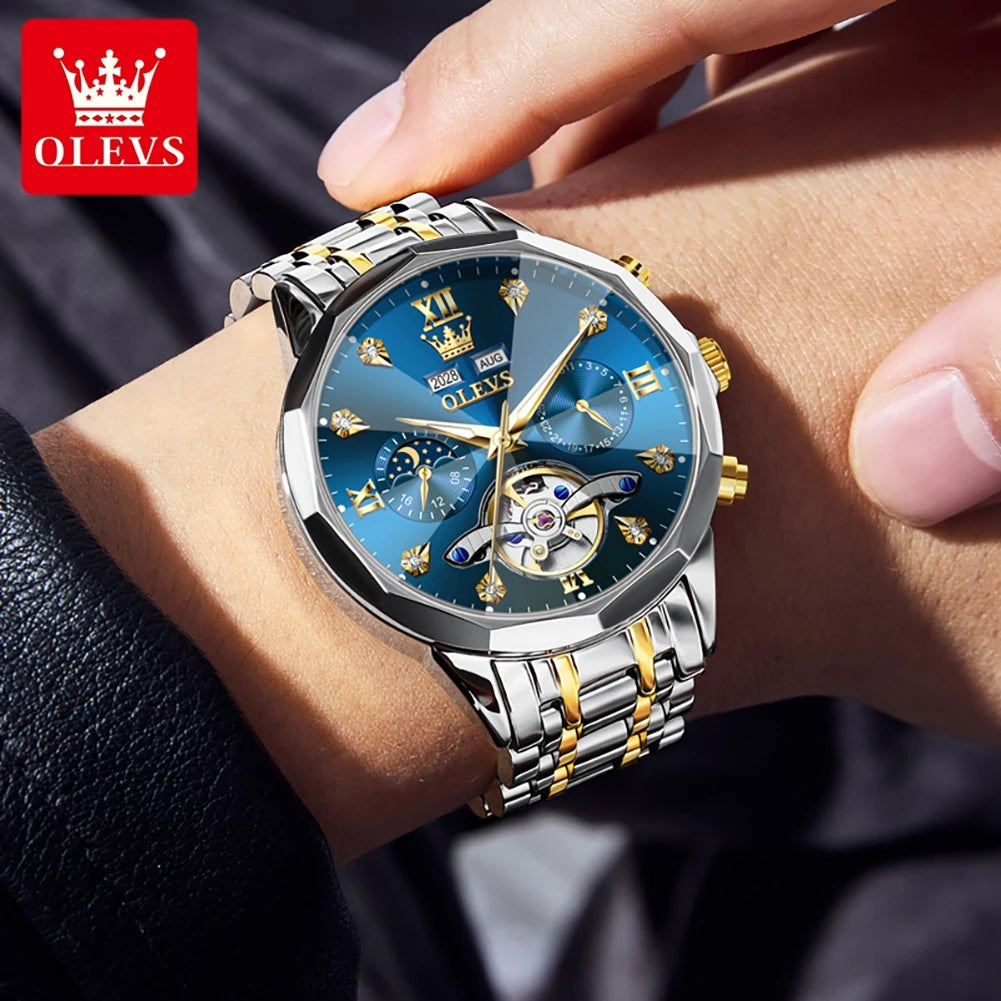 OLEVS 6621 Diamond Mirror Automatic Skeleton Moon Phase Wristwatch - OLEVS