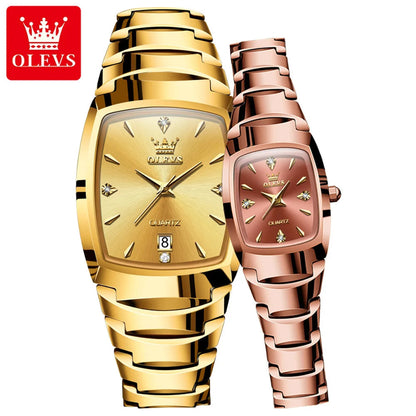 OLEVS 7006 Tonneau Tungsten Steel Couple Watch for Men Women Luxury Brand Quartz Lover's Watch His or Hers Waterproof Wristwatch OLEVS Official Watch Store